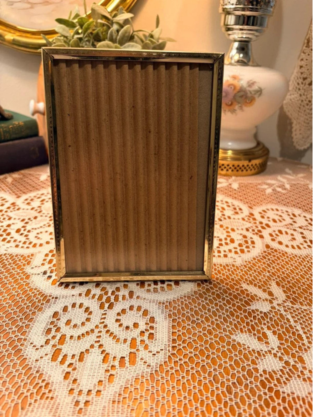 Vintage Gold Tone Metal 5x7 Picture Frame Ornate Etched Easel Back